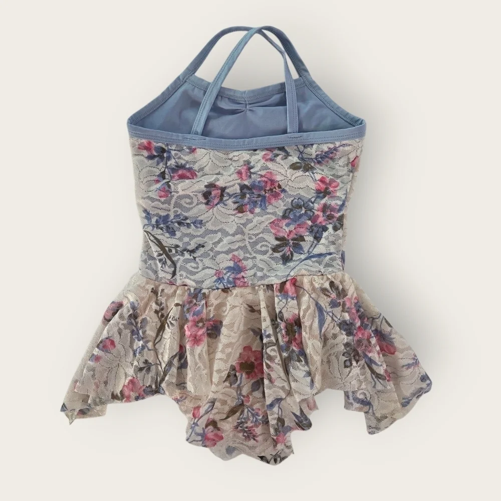 DANSCO Vintage Gym Foral Lace Leotard With Skirt. Size Small Fits 6 7.